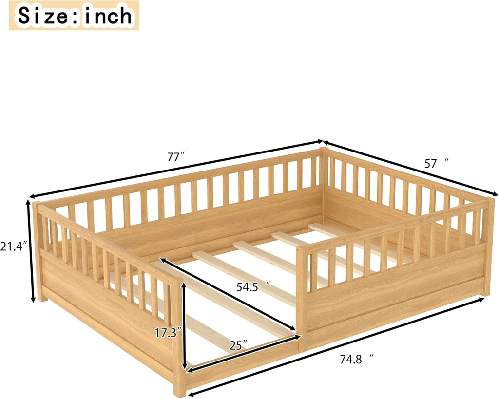 Full Size Floor Bed Frame with 21.4" High Fence, Solid Wood Low Platform Montessori Floor Bed Full for Kids, No Box