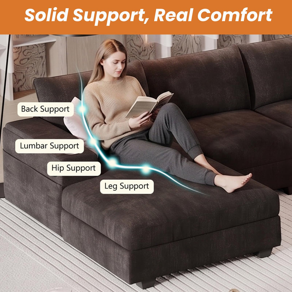 121.2" Large Sectional Couches with Chaise & Cup Holders