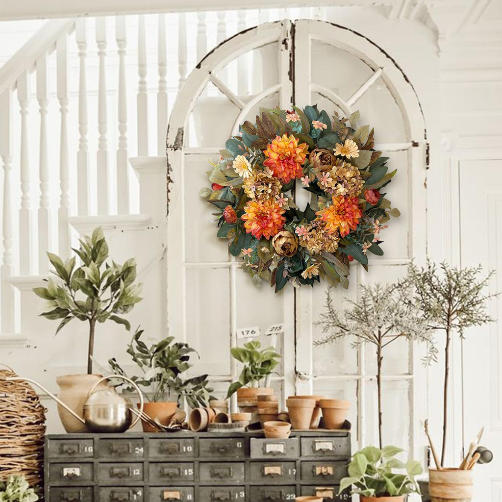 24in Fall Front Door Wreath Dahlia Hydrangea Peony Table Decor