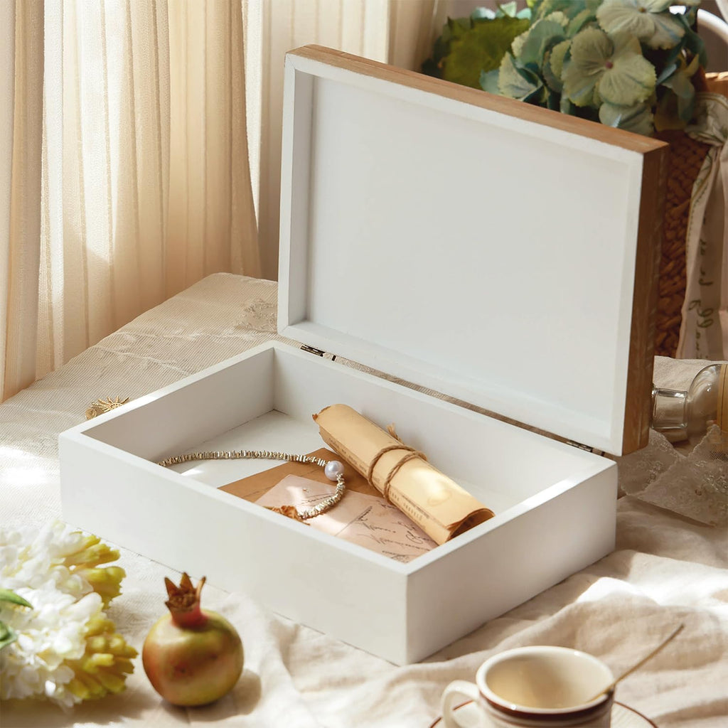 Wooden Keepsake Box - Decorative Floral Wood Boxes with Hinged Lid, Flower Engraved Design, 10.24" W