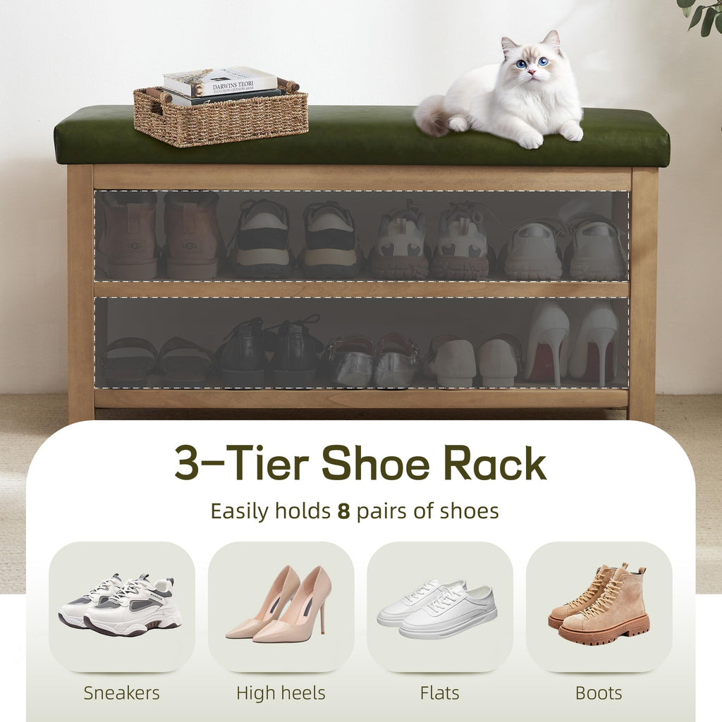 Shoe Rack Bench with Leather Cushion, 2 Tier Solid Wood Storage Bench, Mid-Century Modern Shoe Bench, Closet, Front