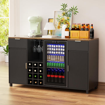 Large Coffee Bar Cabinet with Fridge Space, Fridge Cabinet with Fluted Door and Adjustable Shelf, Wine Liquor Cabinet