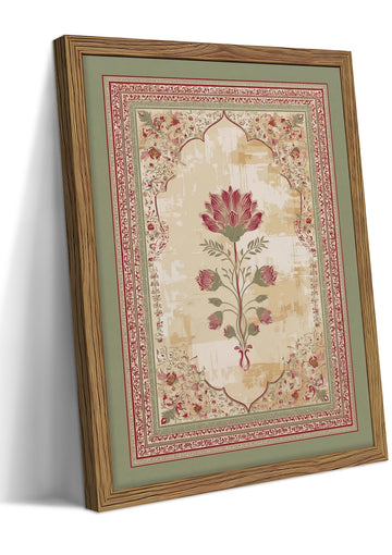 Framed Vintage Floral Wall Art, Antique Indian Botanical Mughal Canvas Wall Decor Painting, Boho Rose Flower Artwork