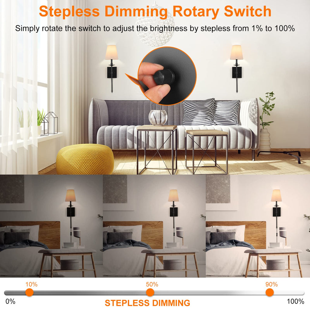 Dimmable Wall Sconces Set of Two, Plug in Wall Sconces White Fabric Shade, Wall Lamp, Plug in Wall Light Sconces