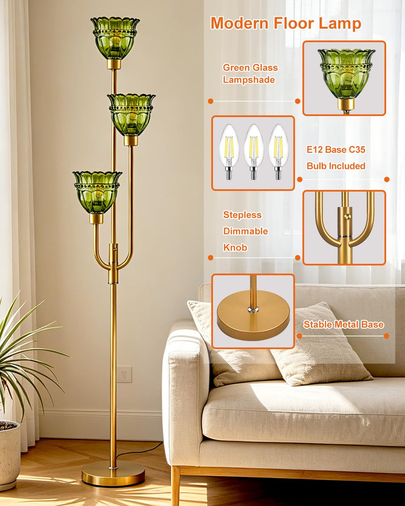 Green Glass Floor Lamp 66IN 3-Light Modern Gold Dimmable Tree Floor Lamps
