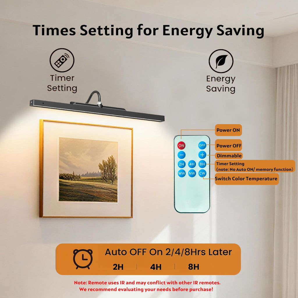 24 Inch Picture Light - Black 6000mAh Battery Operated Wireless Wall Sconce with Remote & Timer for Paintings