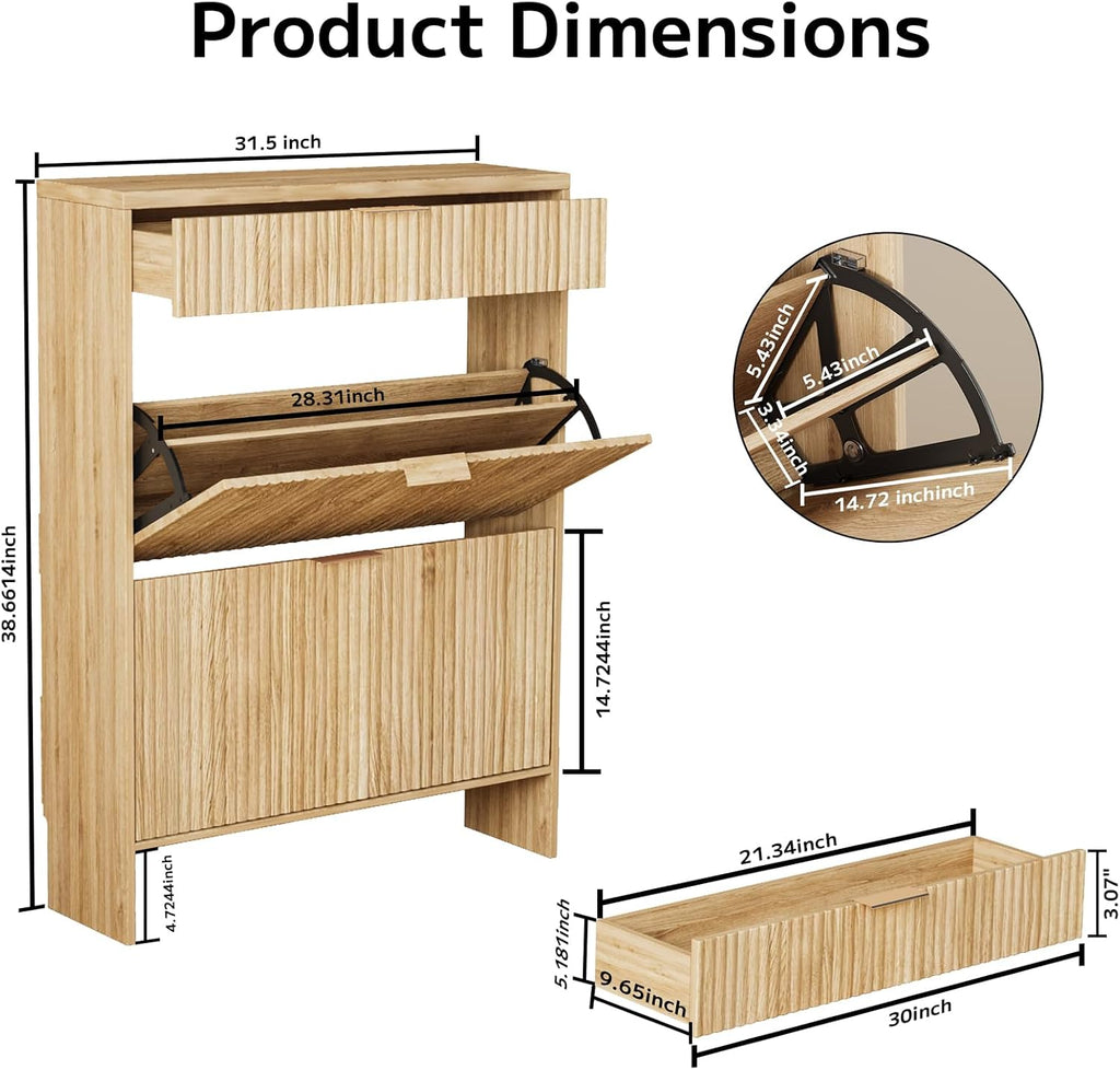 Fluted Shoe Cabinet Storage with 2 Flip Drawers & 1 Drawers, Wood Narrow Hidden Shoe Cabinet with Adjustable Shelf