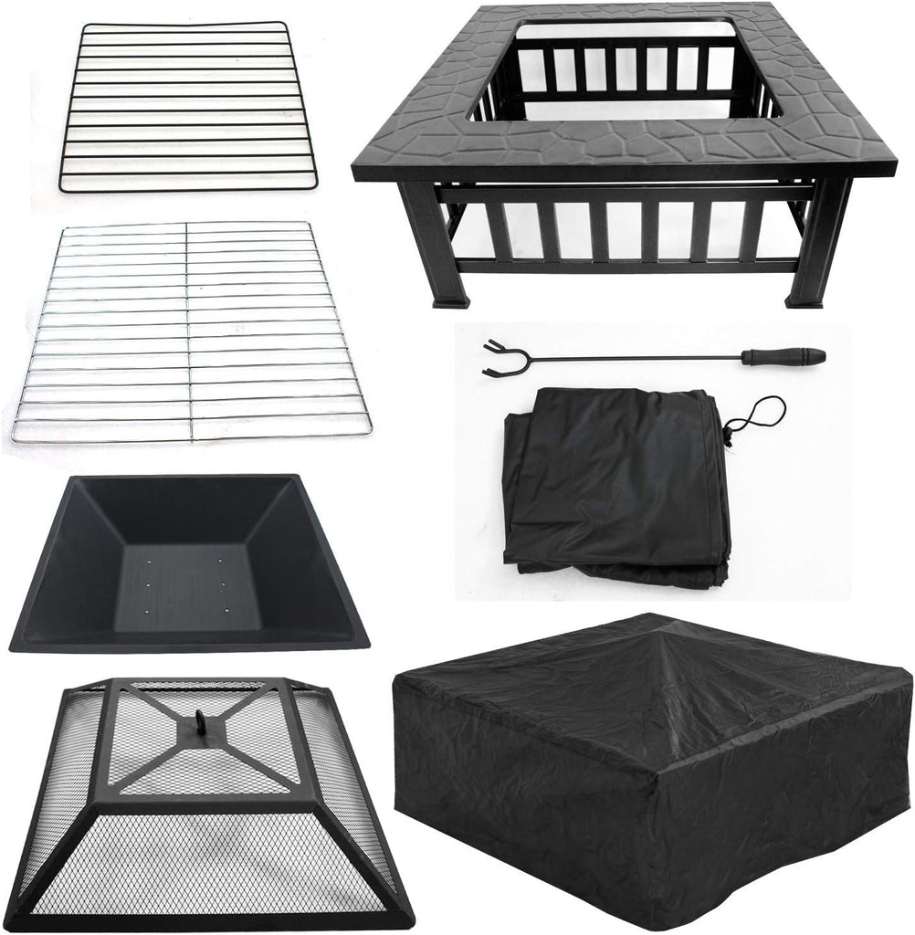 32 inch Outdoor Fire Pit with Grill for Outside Wood Burning, Square Metal Outside Fireplaces
