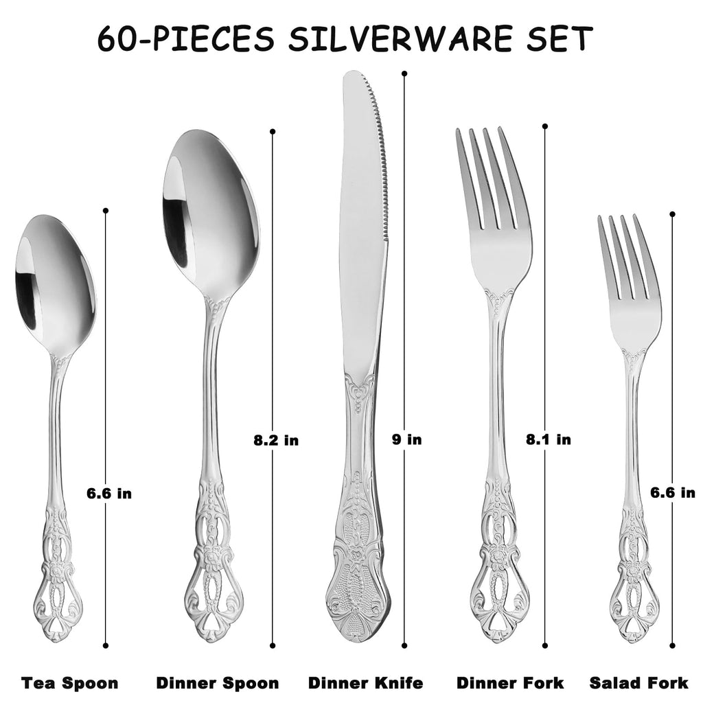 Silverware Set for 12, Stainless Steel Gorgeous Retro Royal Flatware Set, 60-Pieces Cutlery Tableware set, Kitchen