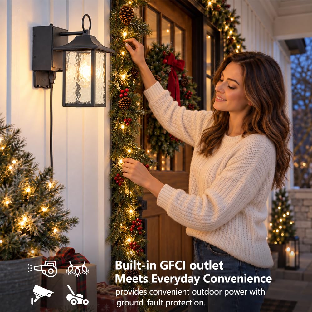 Farmhouse Outdoor Wall Lantern, Dusk-to-Dawn, Built-in GFCI Outlet