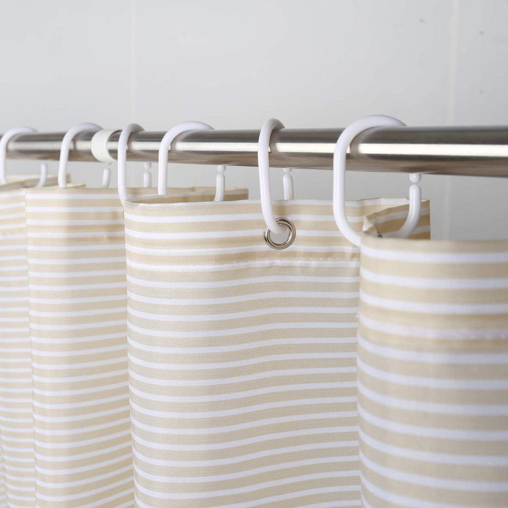 Extra Wide Fabric Shower Curtain Tan Gold, Wrap Around White Neutral Stripe with 18 Hooks, 108" W×72" H Inch