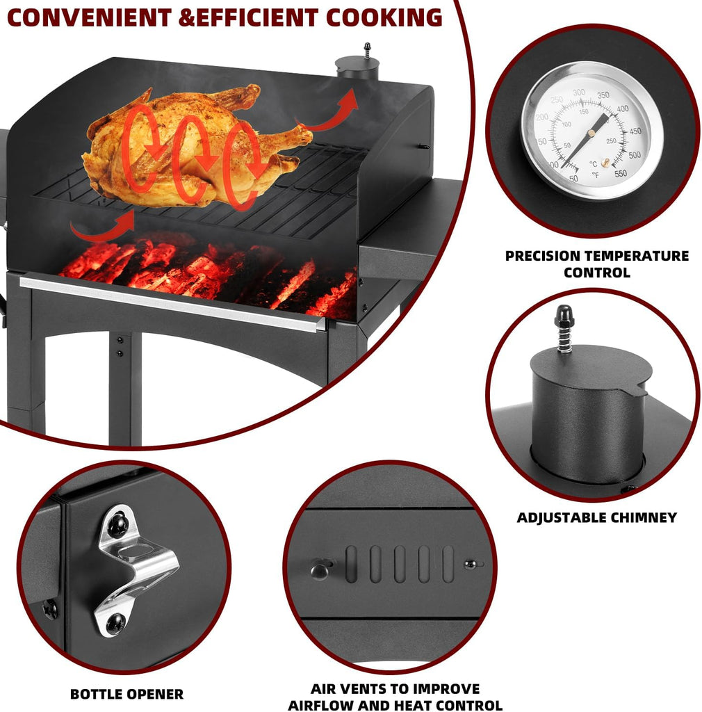 Charcoal BBQ Grill with 2 Side Tables, 343 Sq. In. Cooking Area, Smoker for Outdoor Backyard, Camping, Picnics, and Beach BBQs
