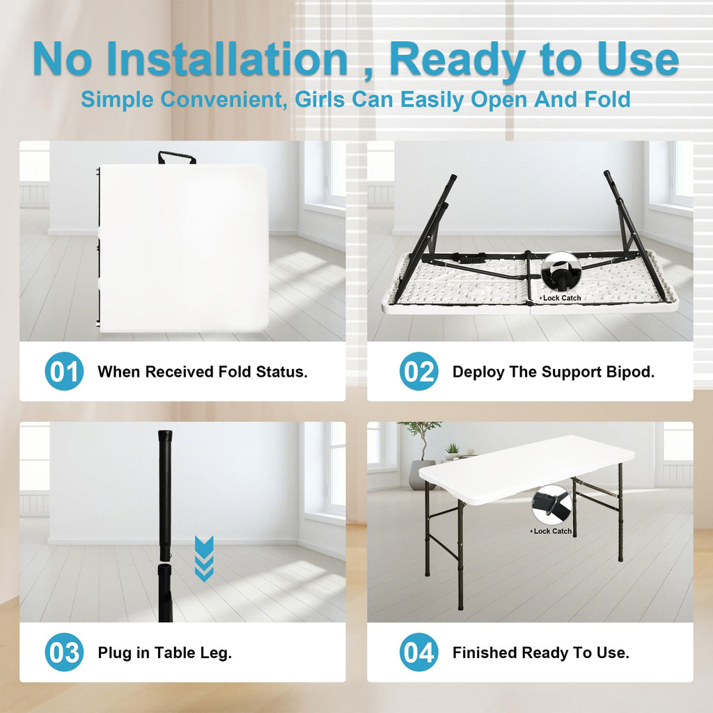 4ft Portable Folding White Event Table, Plastic Pinic Camping Table wiht 2 Adjustable Heights, Indoor Outdoor Heavy