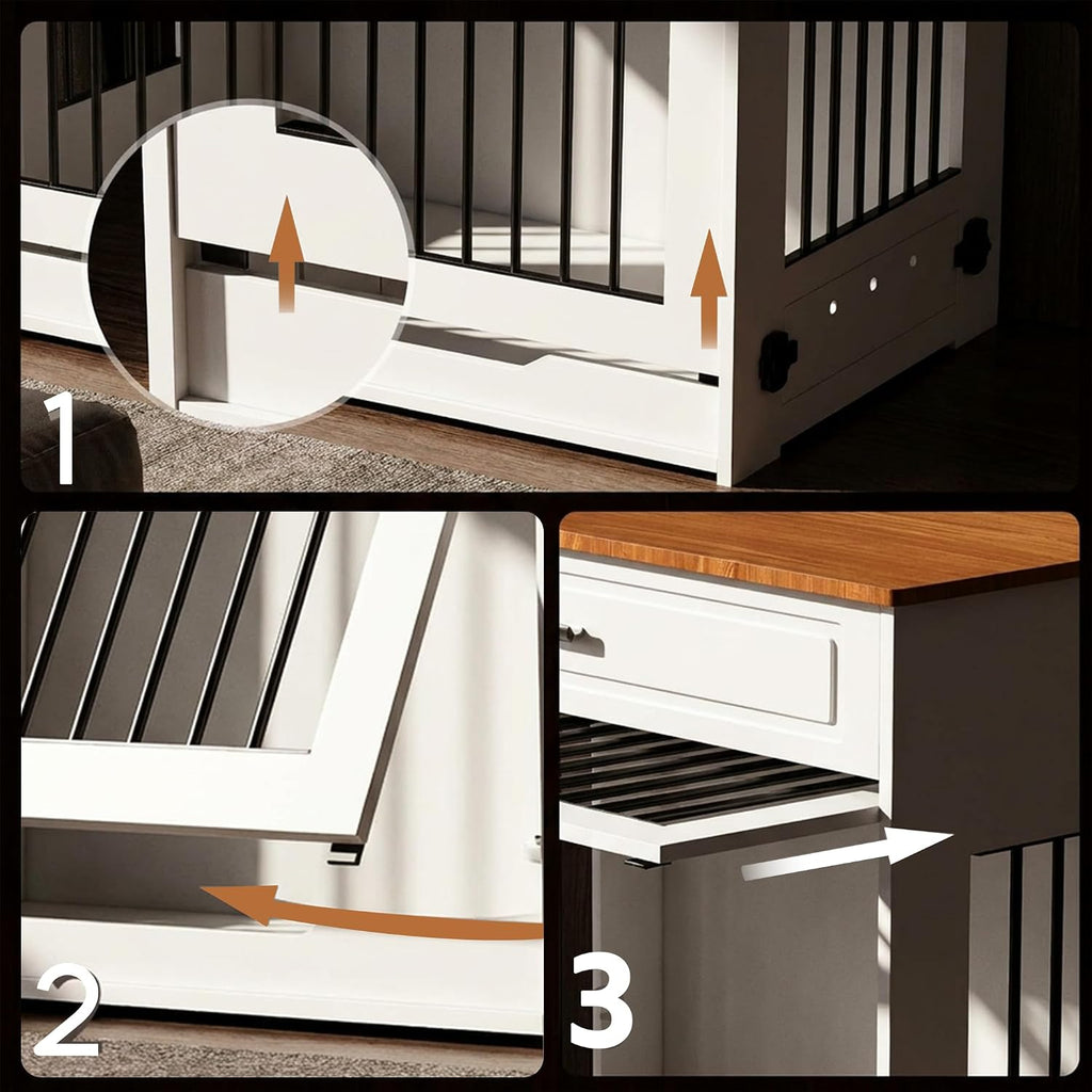 Wooden Flip-Up Door 360° Rotating Dog Bowl & Storage Drawer Furniture Style Dog Crate, White