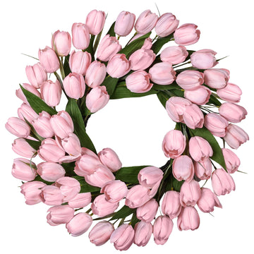 24 Inch Tulip Summer Wreath for Front Door Spring Silk Wreath with Green Leaves Artificial Tulip Flower Wreaths for