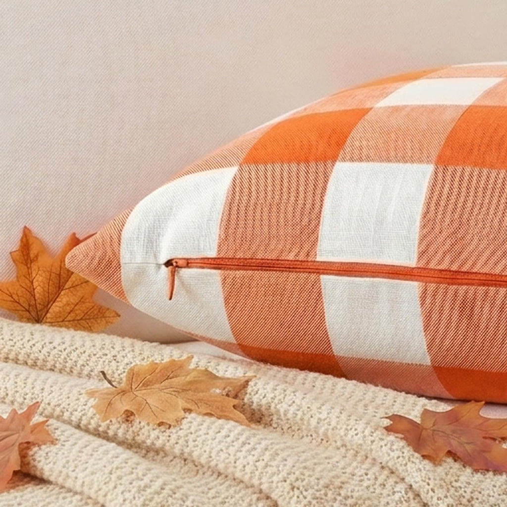 Burnt Orange Fall Plaid Outdoor Porch Pillow Covers 18x18 Set of 4