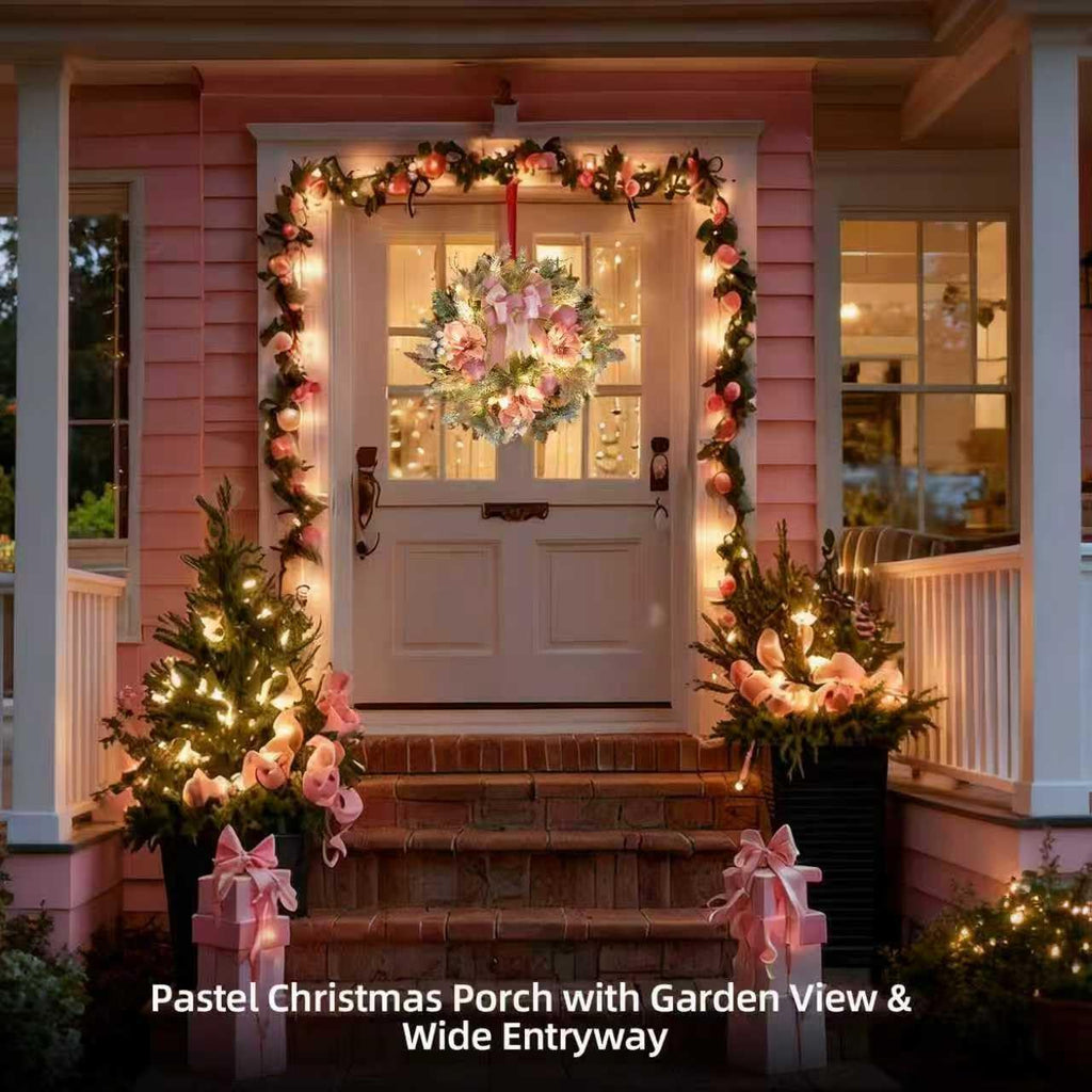 6 feet Christmas Pink Garland for Front Door with 30 LED Lights with Timer,Festive Lighted Holiday Snow Flocked