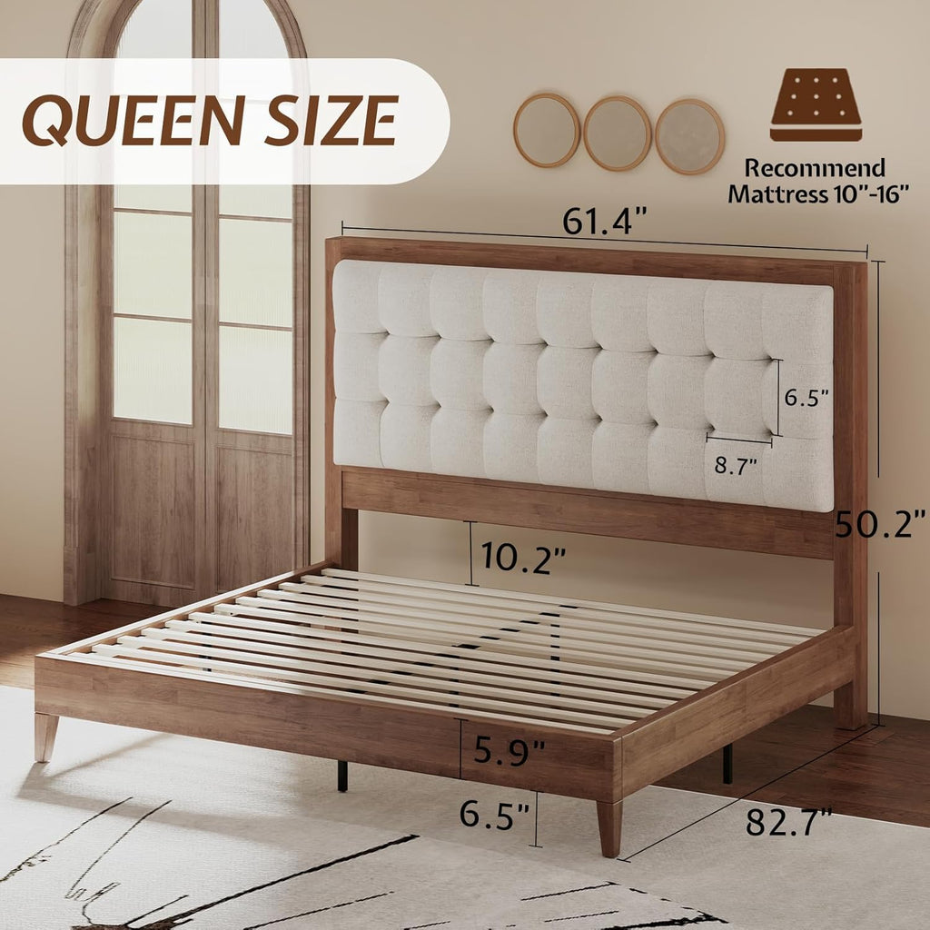 Solid Wood Queen Bed Frame 50.2" Tall Upholstered Headboard, Mid-Century Style, Stable Platform Support, No Box