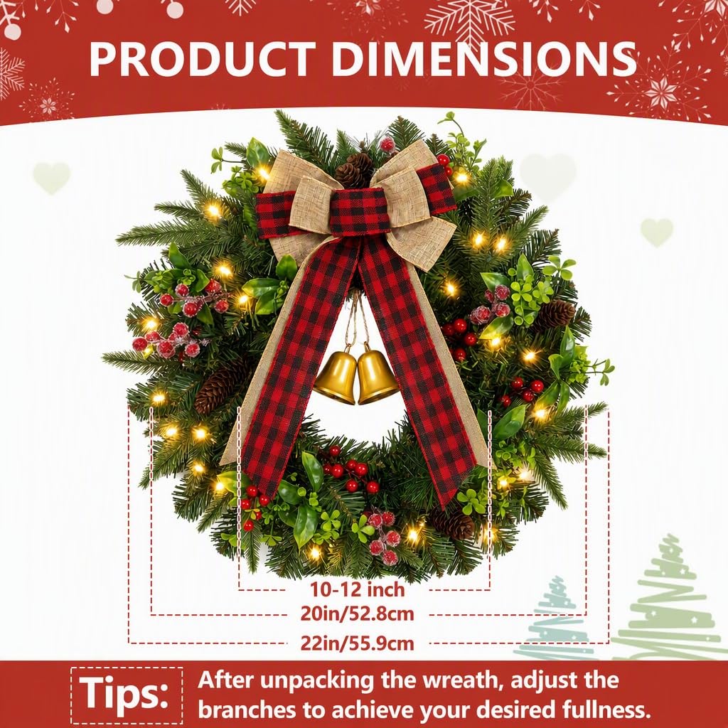 22" Pre-Lit Christmas Wreath with Lights for Front Door, Holiday Decoration