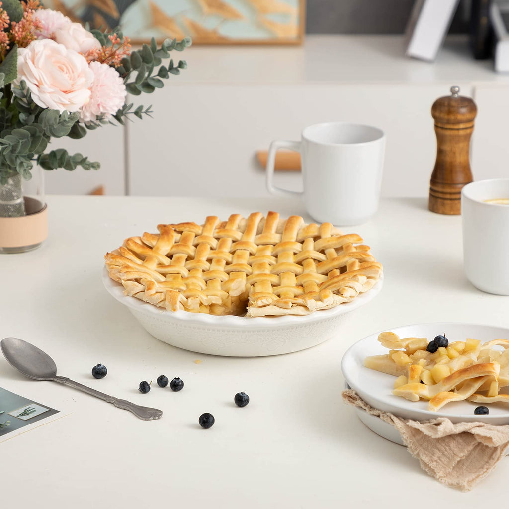 Pie Pan, 9 Inch Ceramic Pie Dish, Deep Dish Pie Pan with Lace Emboss, Ruffled Pie Plate for Baking, Thanksgiving