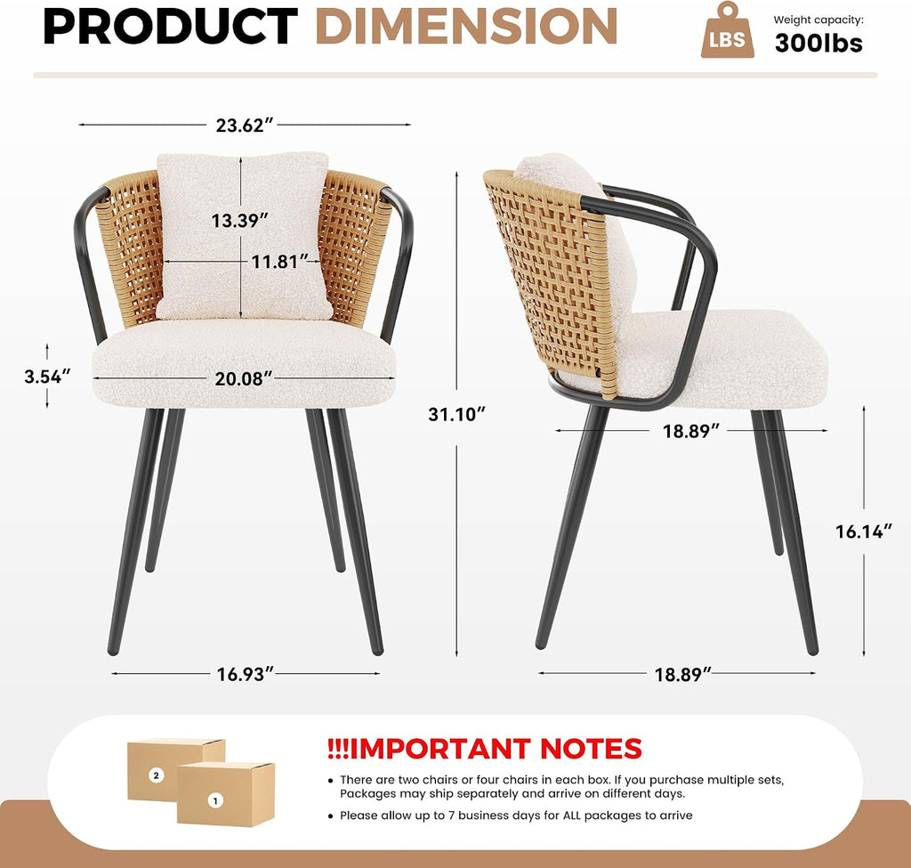Modern Rattan Dining Chairs Set of 6, Upholstered Kitchen Chair with Metal Legs, Ergonomic Curved Backrest, Mid