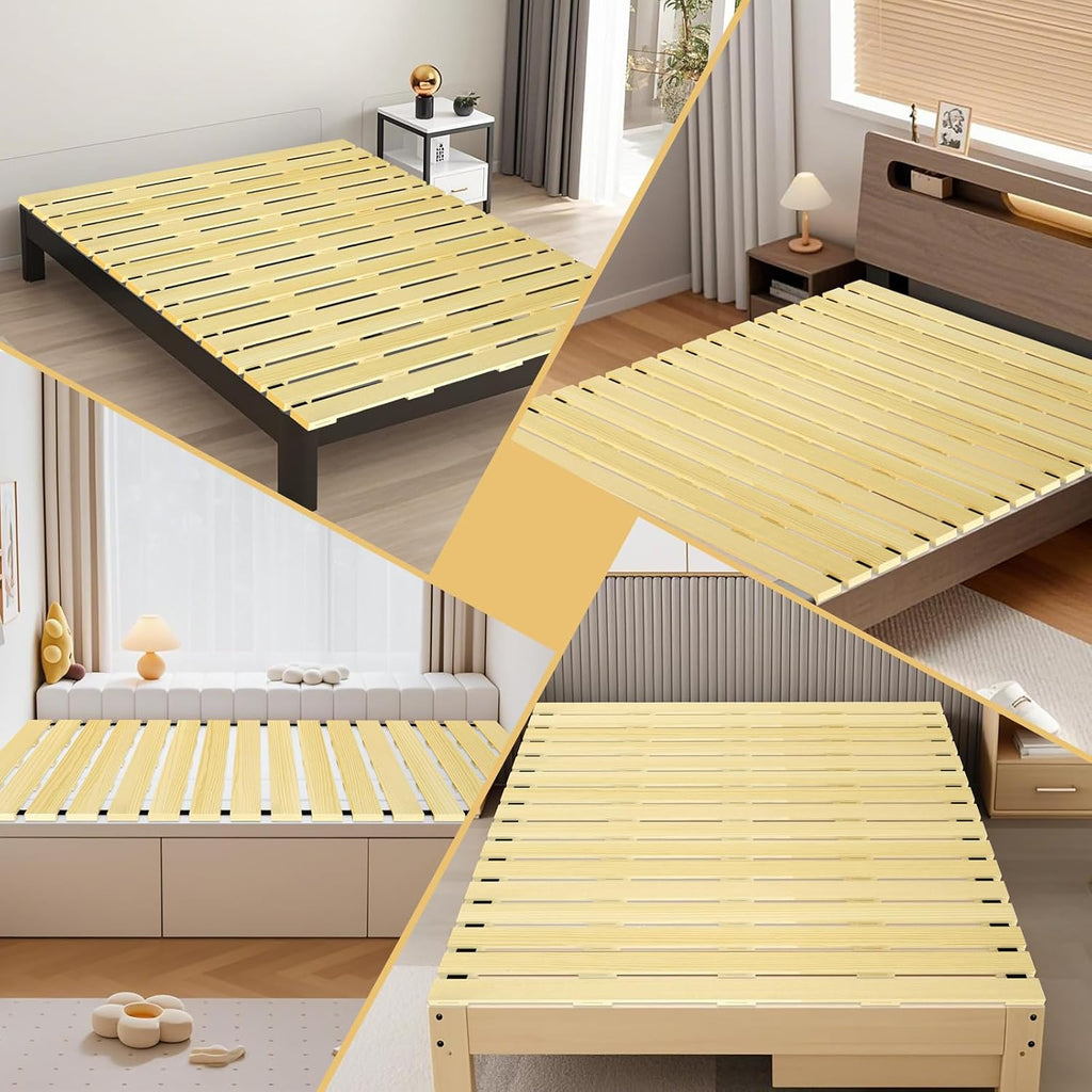 Tatami Mat Floor Bed, Knotless Solid Wood, Roll-Up Slatted Bed Plate with 2 Storage Straps, Moisture-Proof and