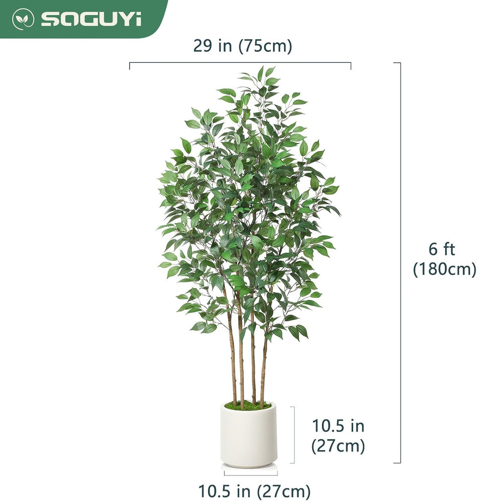 Ficus Artificial Tree 6ft Fake Silk Plant Decor Indoor, Faux Floor Tree in White Imitation Ceramic Planter with Green