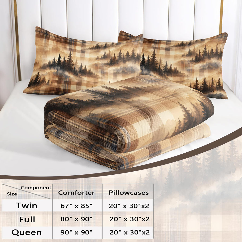 Misty Woodland Brown Comforter Set, Beige Tartan Pine 3-Piece Soft Microfiber Bedding with 2 Pillowcases for