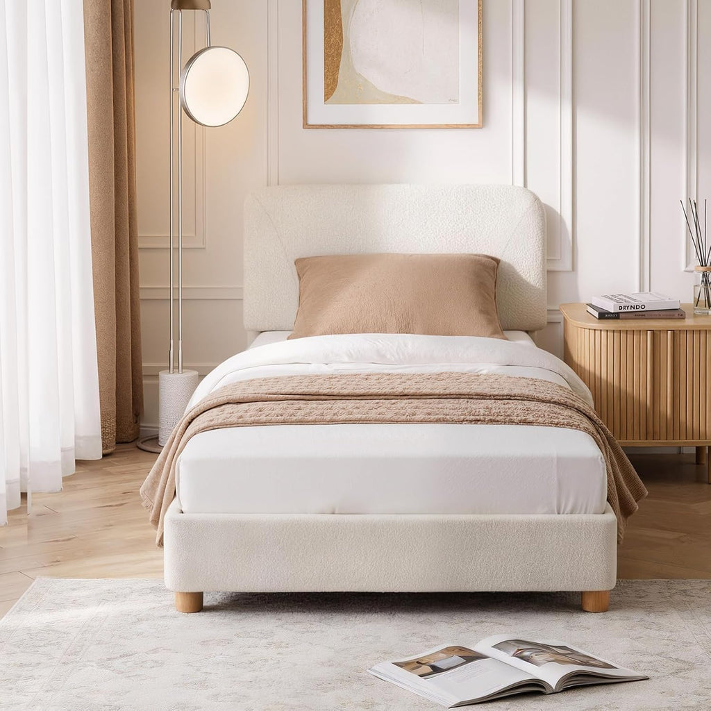 Twin Size Cloud Platform Bed for Kids, Soft Boucle Toddler Bed Frame, Cream | Adjustable Padded Headboard, Rounded