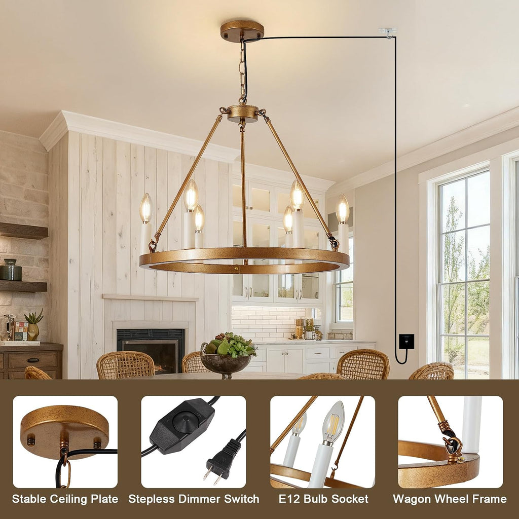 6 Lights DIMMABLE Plug in Wagon Wheel Chandelier, 20.5" Gold Rustic Hanging Lights with Long Cord