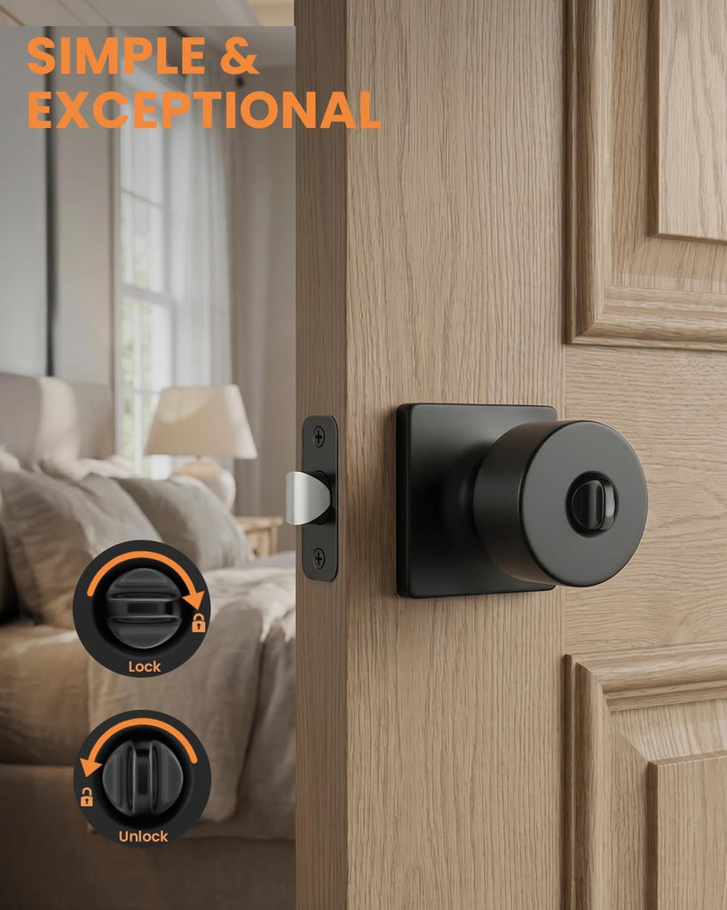 Matte Black Door Knobs Interior, Privacy Door Knob Bathroom, Black Door Knobs with Emergency Release