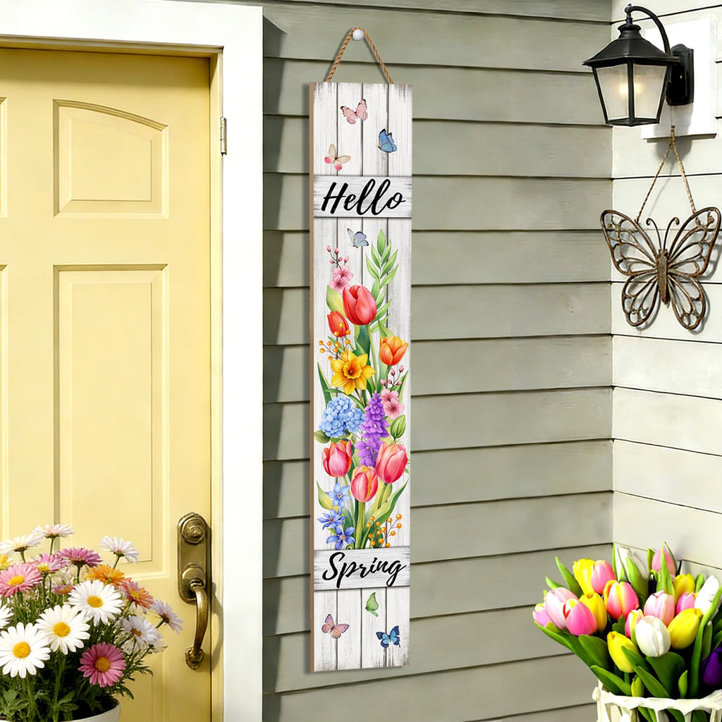 Hello Spring Porch Sign Tulip Butterflies Welcome Sign Rustic Vertical Standing Sign For Front Porch Decor Farmhouse