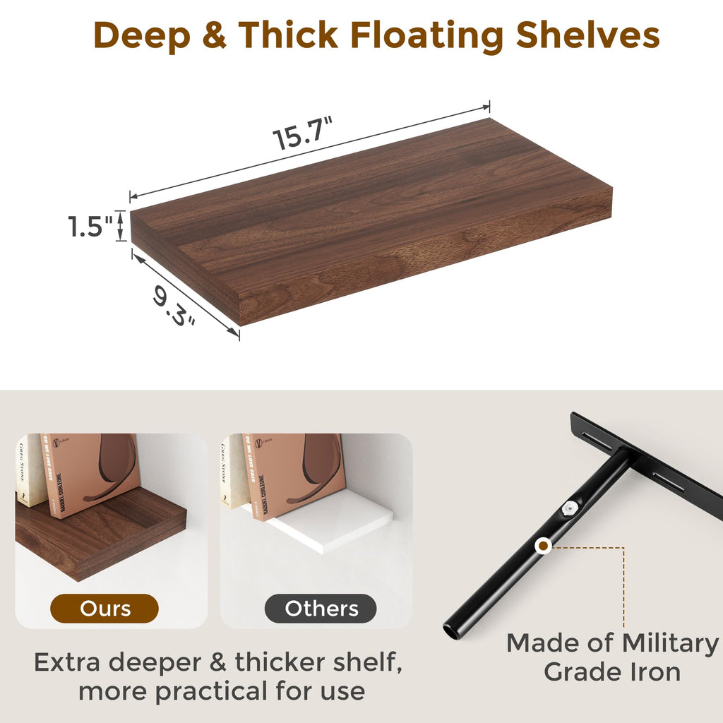 16 Inch Long Floating Shelves, 9.3 Inch Deep Floating Shelf for Wall, Living Room, Kitchen, Rustic Deep Wood Shelves