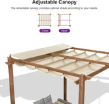10' x 10' Outdoor Retractable Pergola with Sun Shade Canopy Patio Metal Shelter for Garden Porch Pavilion Natural Wood