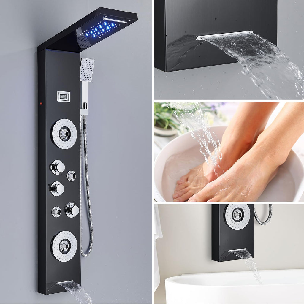 AlenArt Shower Panel Tower System Rainfall Waterfall Shower Head with Body Jets Stainless Steel Rain Massage System
