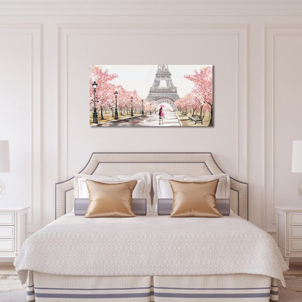 Pink Canvas Wall - Paris Eiffel Tower Couple on Sakura Blossoming Street Scenery - Pink Theme Wall Decor - 30"x60"