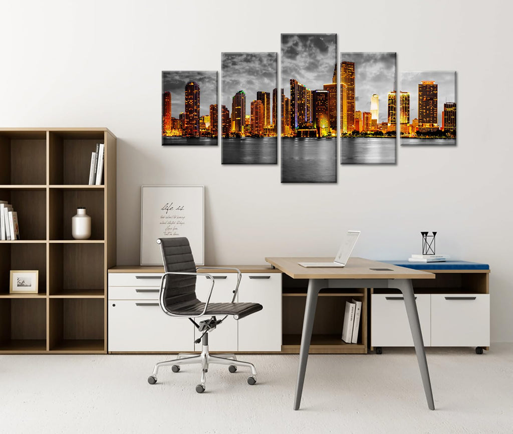 Miami Skyline Wall Black and White Panoramic City Night Canvas Prints