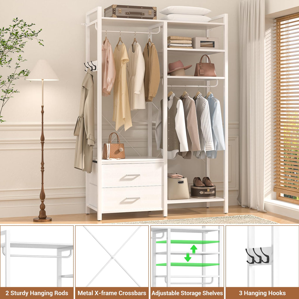 78.7'' Clothes Rack for Hanging Clothes - Reversible Clothing Rack with 2 Drawers, Heavy Duty Garment Racks with