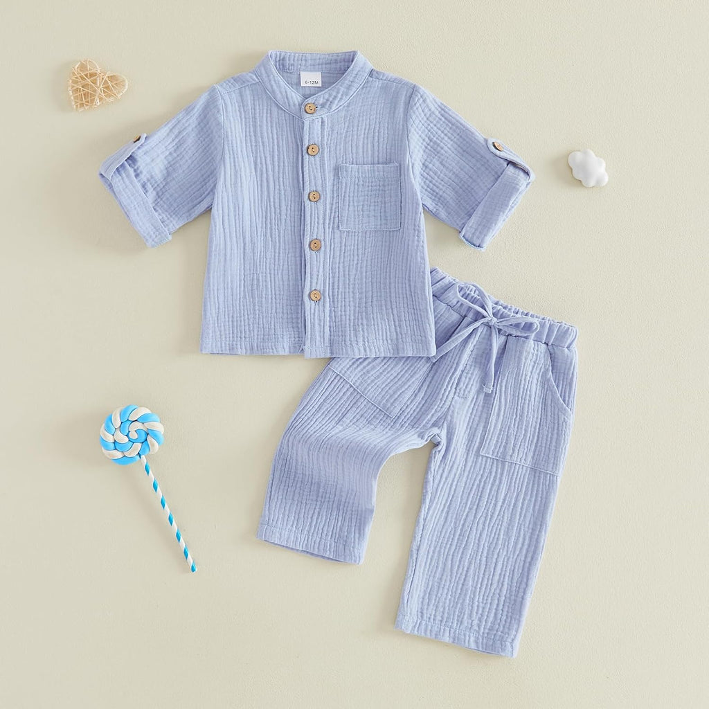 Baby Boy Cotton Linen Outfit Fall Winter Long Sleeve Button Down Henley Shirt Linen Pants Toddler Boys Clothes Set