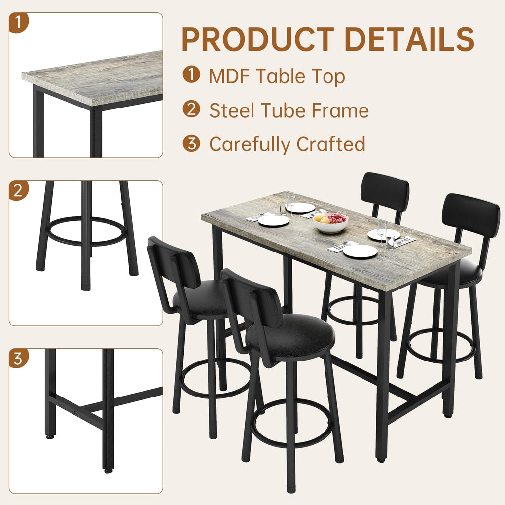 5 Piece Bar Table and Chairs Set for 4, Counter Height Rectangular Pub Dining Set, Wood Top Bistro Set with 4