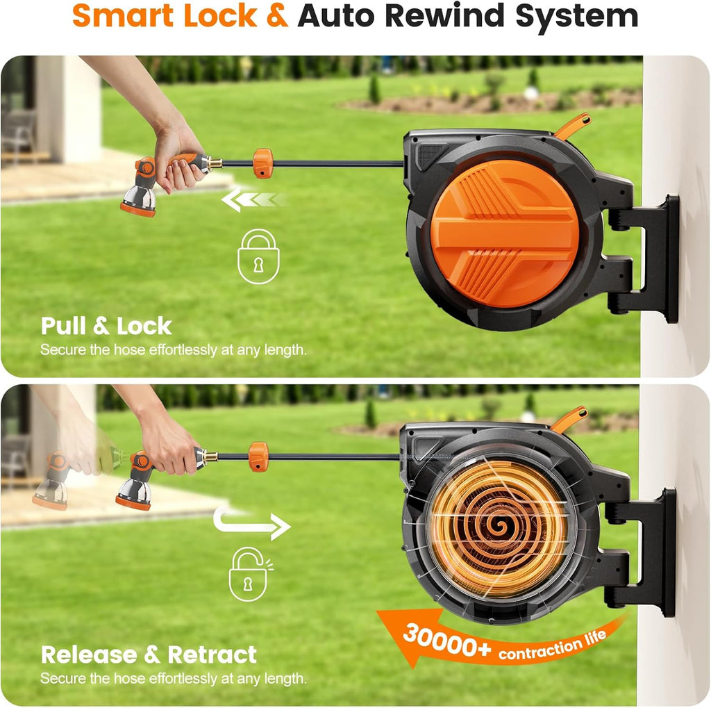 Retractable Garden Hose Reel 1/2" x 100ft, Auto Rewind Hose Reels for Outside, Heavy-Duty Wall-Mounted Outdoor Hose