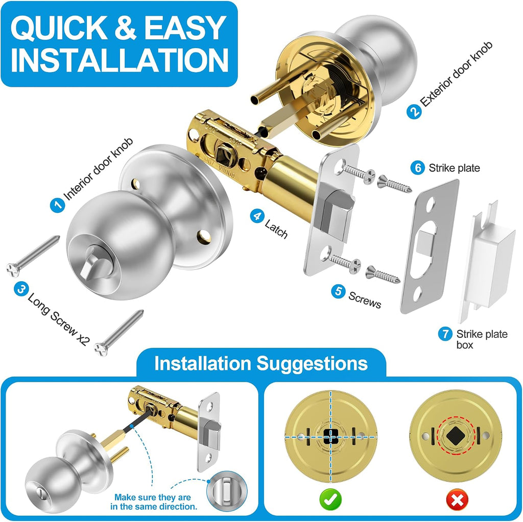 6 Pack Privacy Door Knobs Interior, Satin Nickel Doorknob with Lock -ANSI Grade-3 Certified, Keyless Door Locks