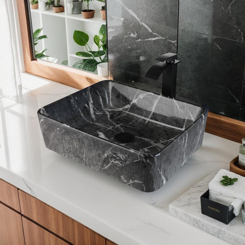 Black Marble Bathroom Vessel Sink With Faucet and Drain 19x15 Inch Rectangular Ceramic Sink Marbling Basin Bowls Above