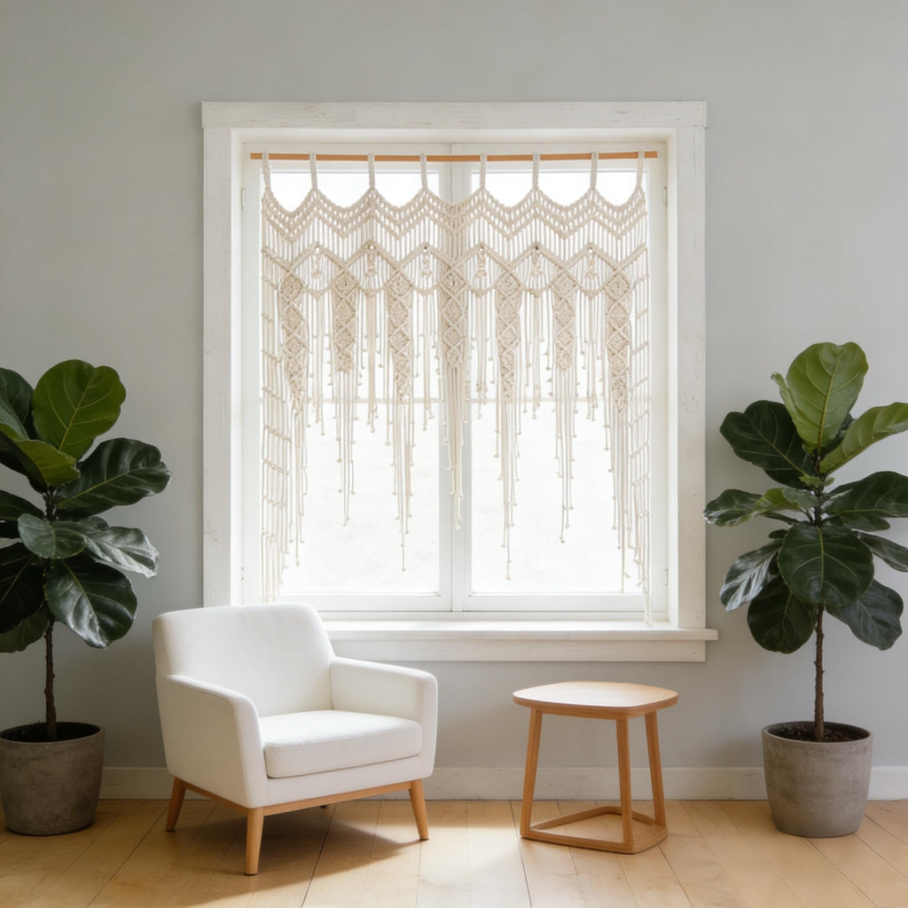 Macrame Valance Curtain for Kichen Windows 41.33 * 53.15Inch Farmhouse Boho Curtains Window Tassels Leaf Valance