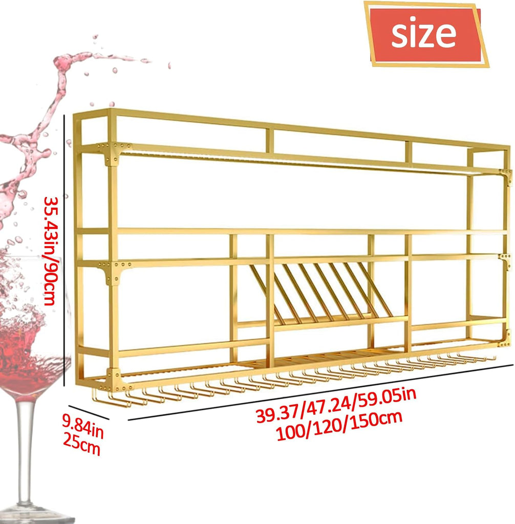 59in Wall Mounted Wine Rack, Floating Industrial Liquor Glass Holder 3 Tiers, Large Metal Wine Bottle Display Rack