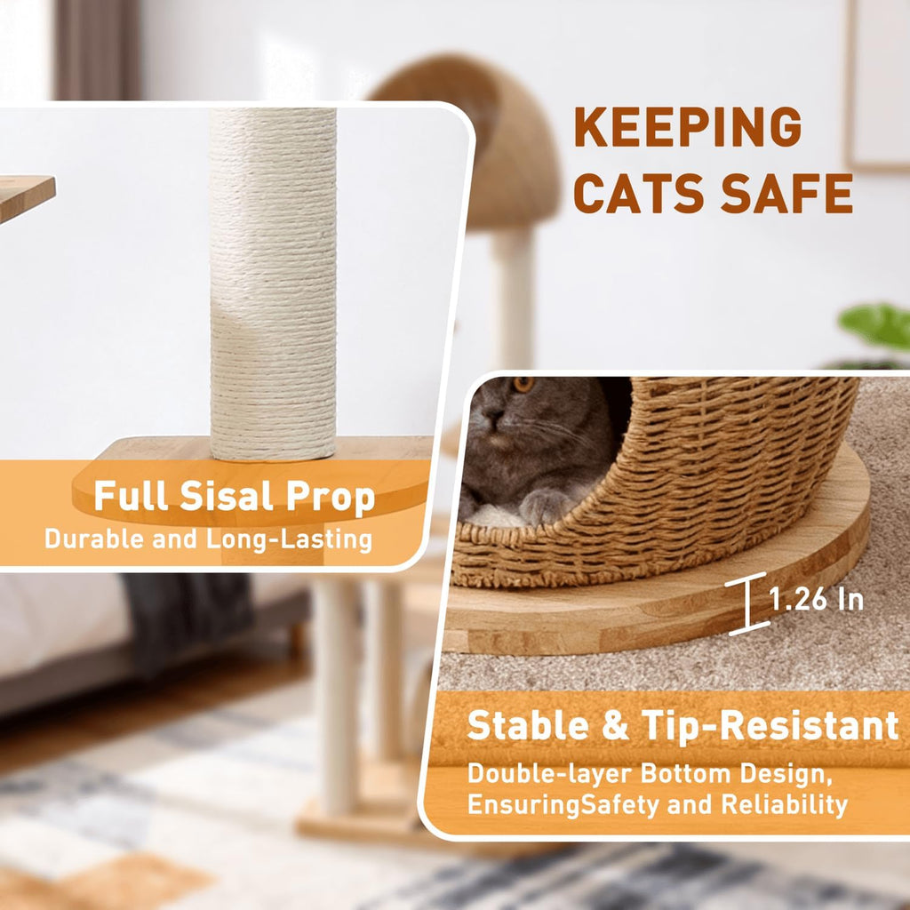 Wood Cat Tree for Indoor Cats, 59in Tall Cat Tower