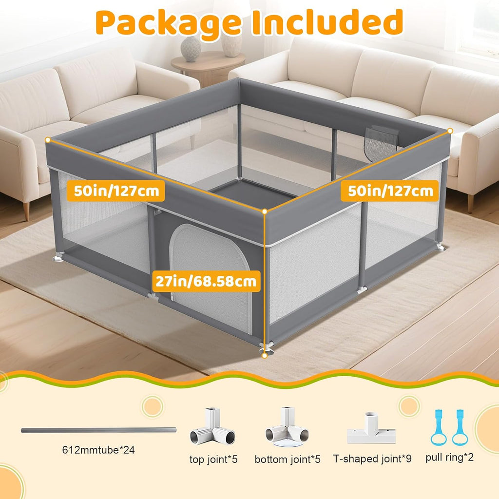 Baby Playpen 50"x50" for Toddlers Play Yard with Pull Up Rings and Gate