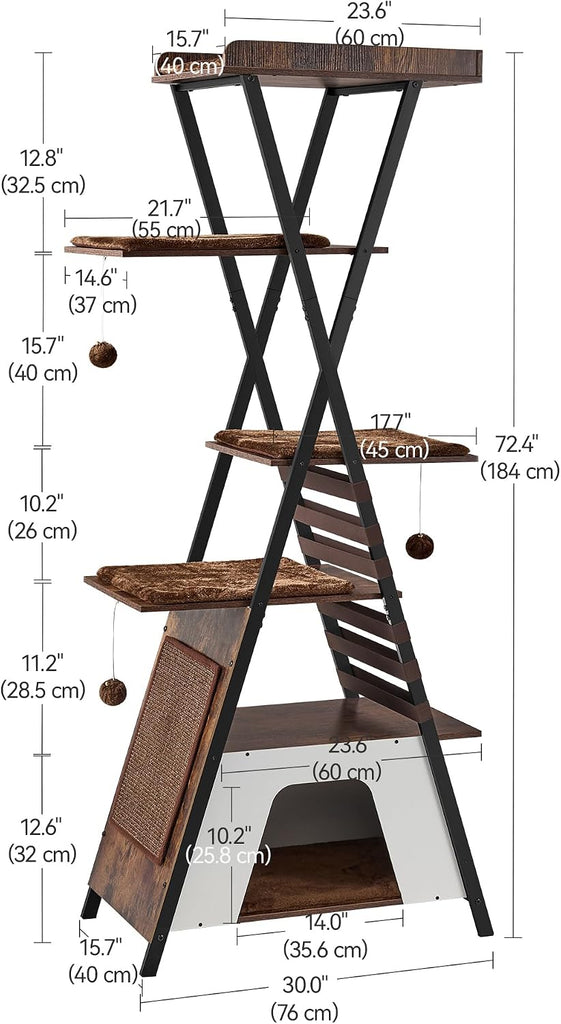 72.4" Modern Cat Tree for Indoor Cats, Multi-Level Cat Condo