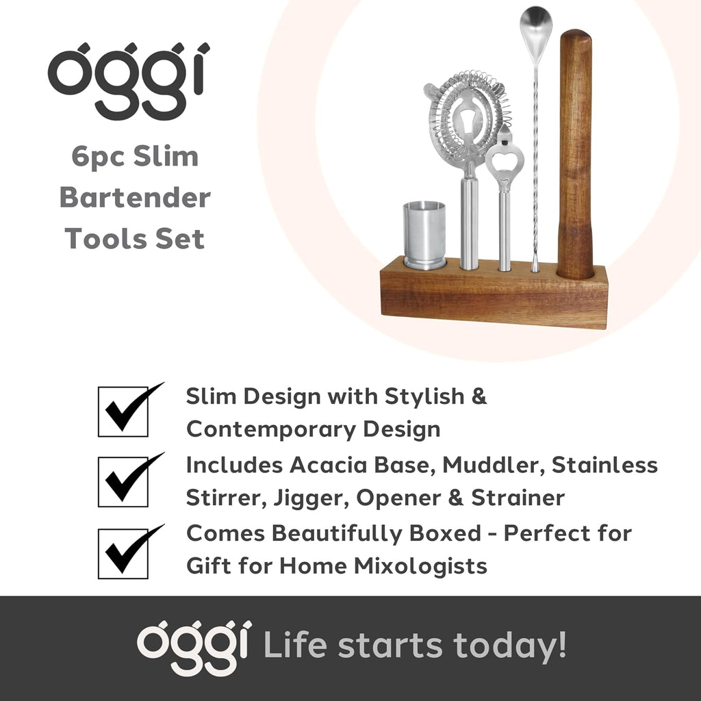 6-Piece Slim Bartender Kit - Ideal Bar Cart Accessories, Great Decor and Accessories for the Home Bar, Bartending Kit - Set of 6