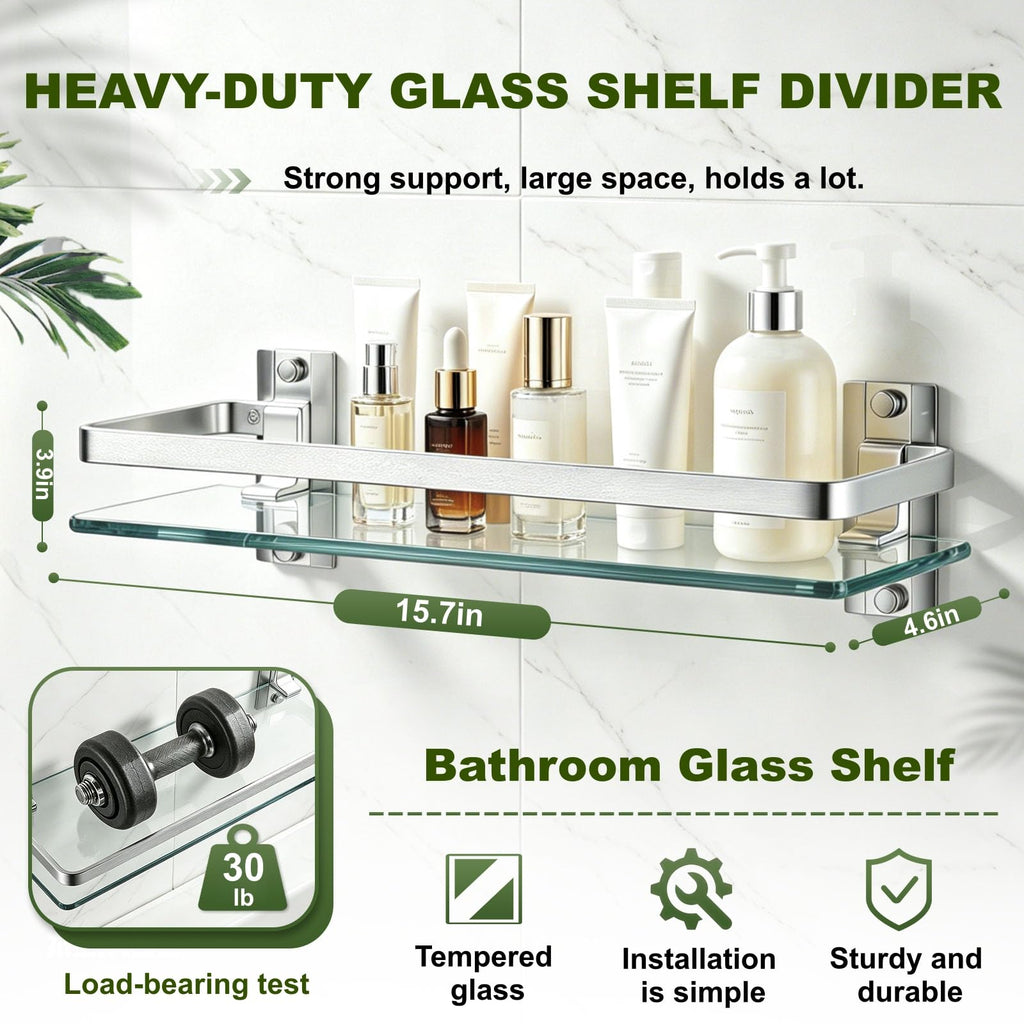 Bathroom Glass Shelf 15.7" Silver Wall-Mounted, Floating Metal Storage Rack